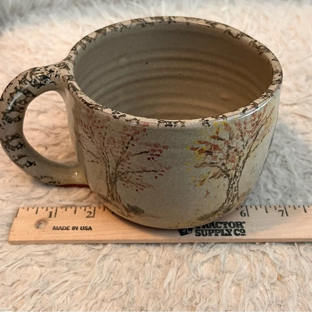 2001 Pigeon Switch Pottery Bowl with Handle Large Mug Trees Nature Hand Painted